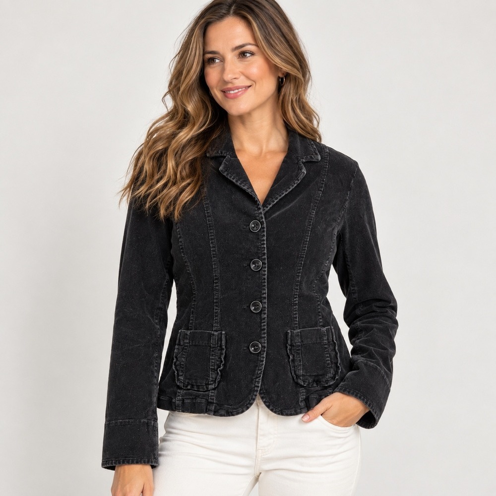 Sashimi Corduroy Blazer Jacket Womens L Black Ruffle Pocket Button Front Indie